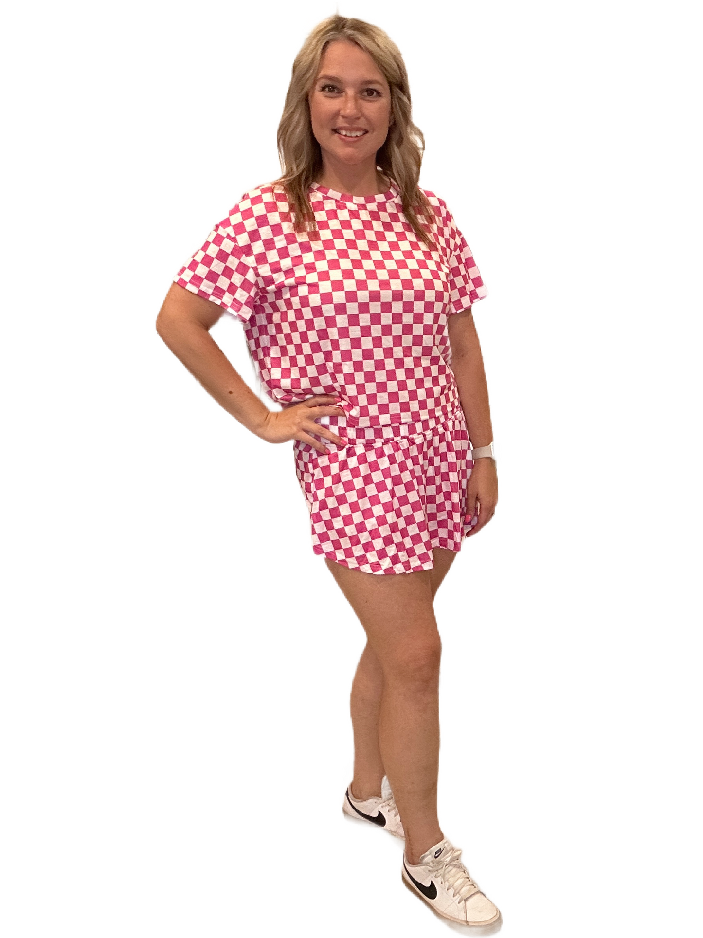 Checkerboard T Shirt and High Waist Skort in Pink