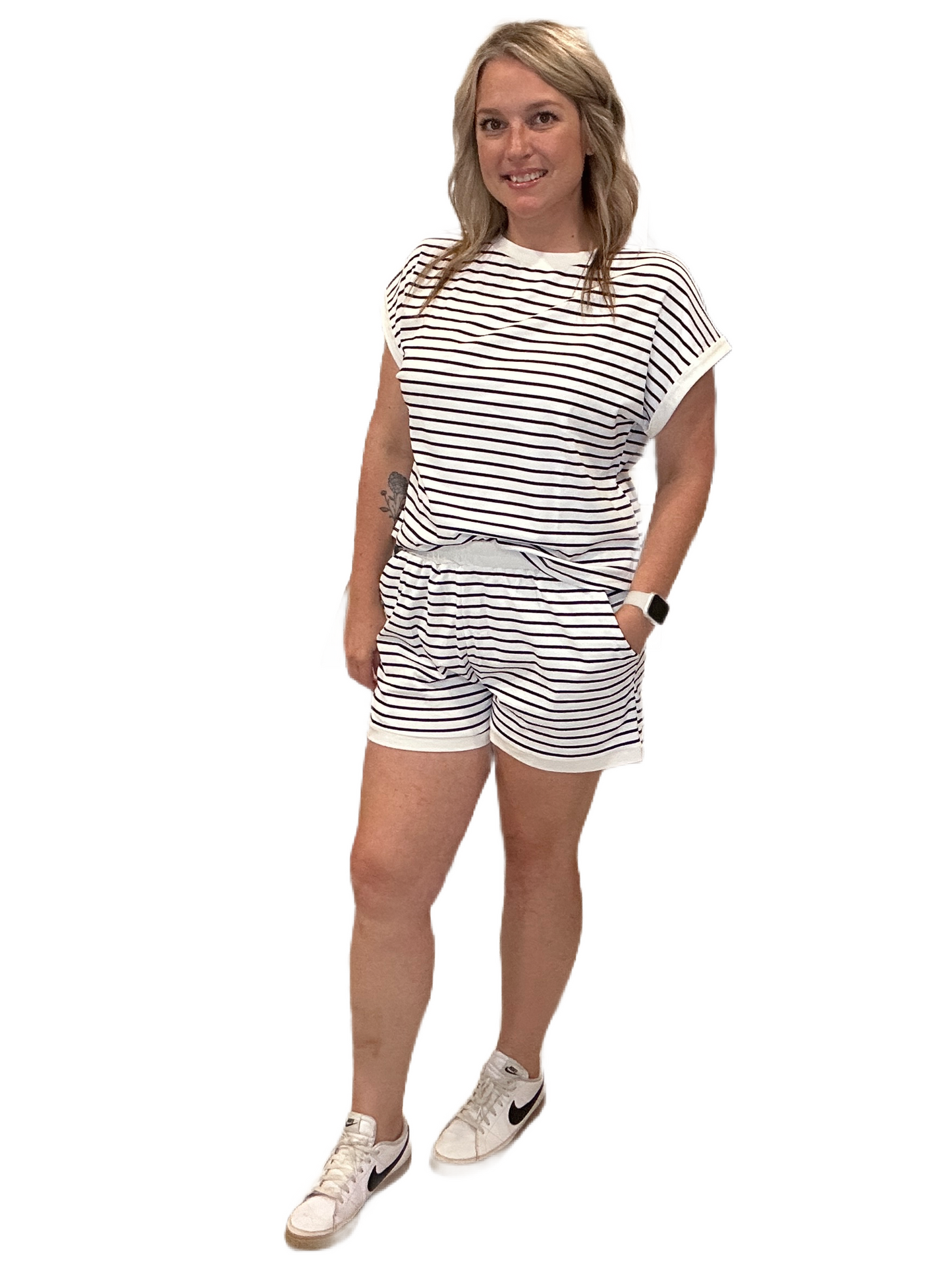 White Stripe Contrast Edge Tee and Shorts Set